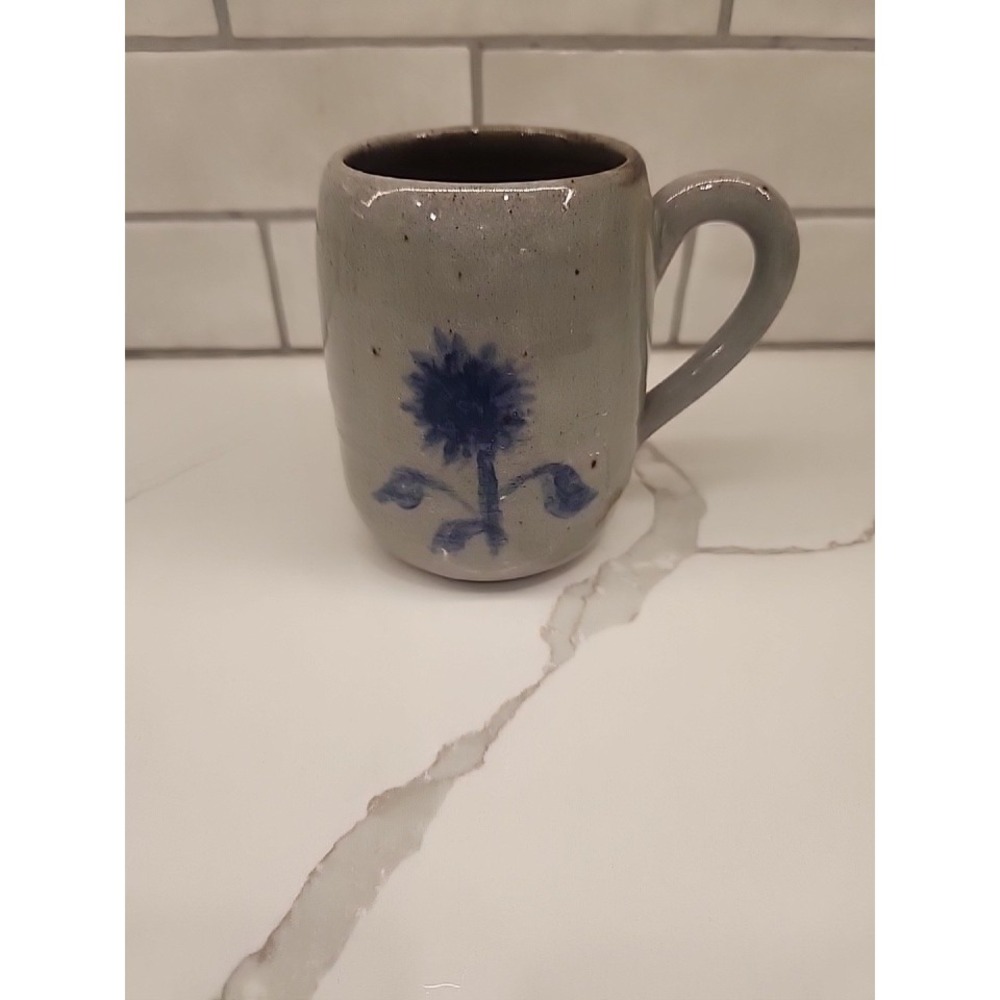 Vintage Studio Art Pottery Salt Glazed Coffee Tea Mug With Blue Flower Signed - Picture 10 of 10